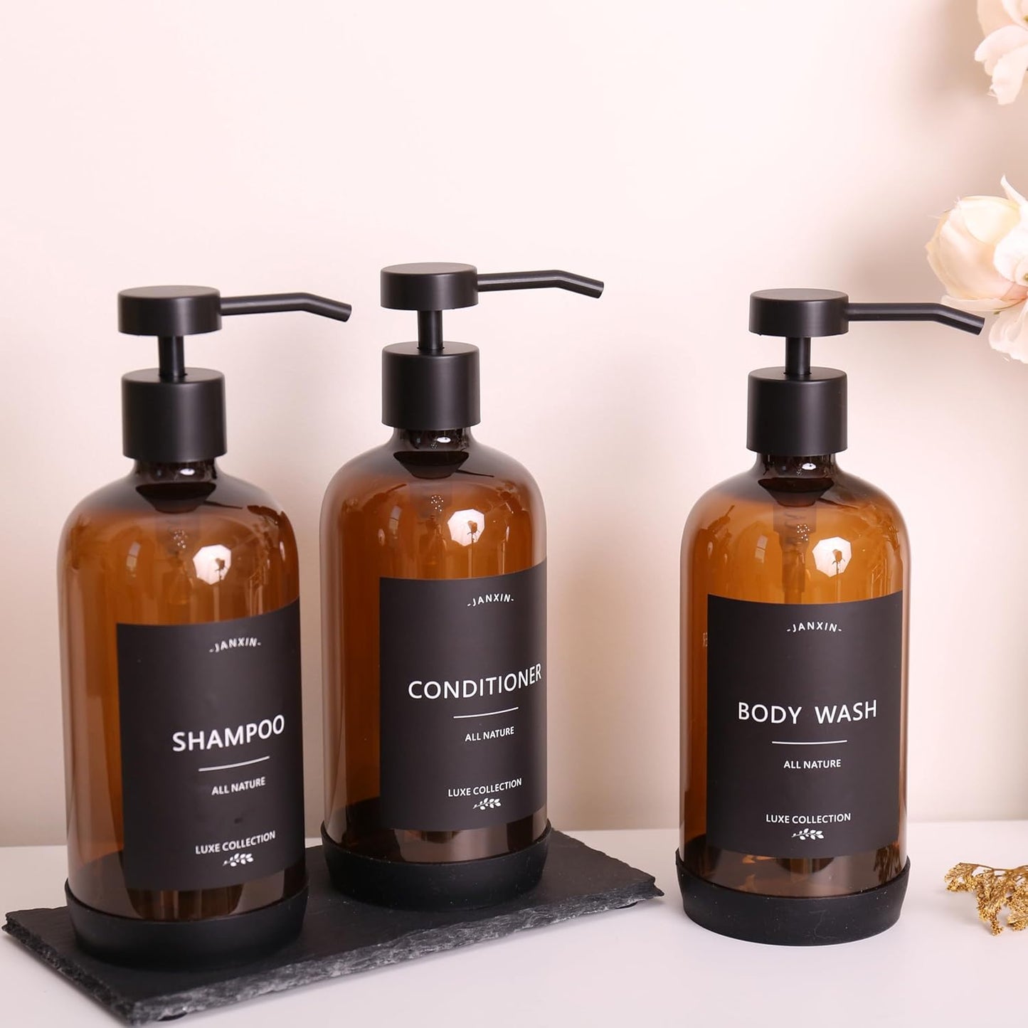 Shampoo and Conditioner Dispenser Set of 3,Refillable 21oz Shampoo Bottles with Non-Slip Protective Silicone Pad,Shower Soap Dispenser with Waterproof Labels for Bathroom (Amber)