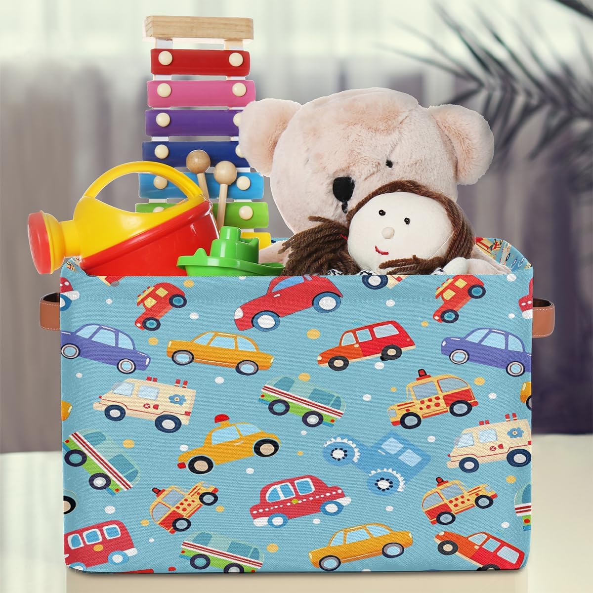 Cartoon Cars Storage Basket for Shelves, Storage Bins with Handles, Collapsible Basket for Organizing, Closet Toy Baskets for Nursery Room, 15x11x9.5 in, Canvas, Cute Cars Trucks