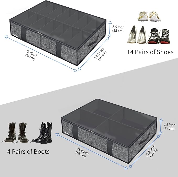 Large Under Bed Boots Shoes Storage Organizer Set of 2 (14+4 Pairs), Durable Closet Foldable Fabric Shoe Container Box with Clear Window, 33.9x 23.6x5.9inch, Light Grey, ZMGCUBS14S4