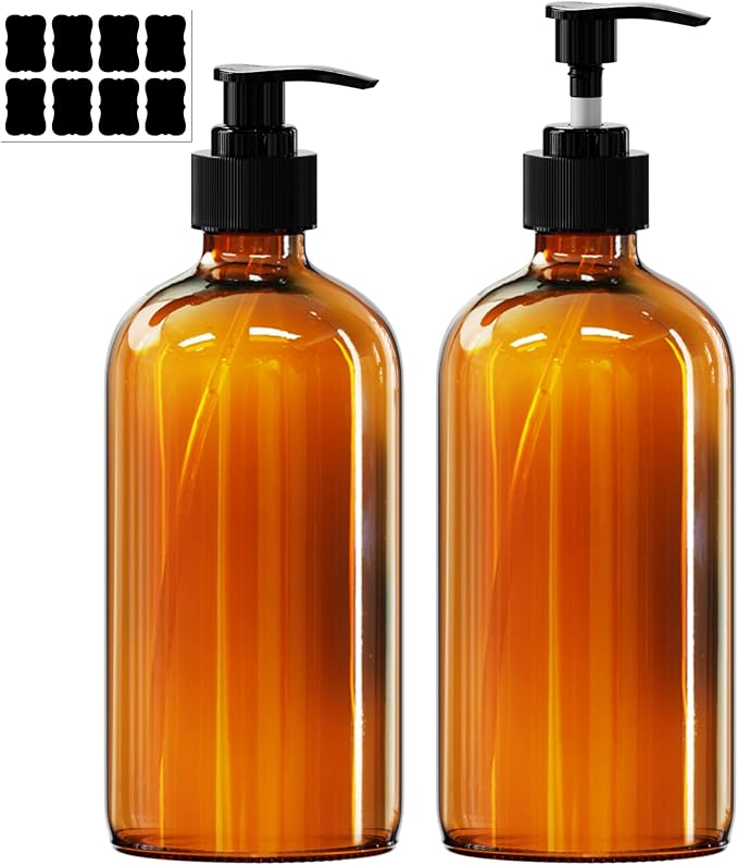 PrettyCare Set of 2 16oz Amber Glass Bottles with Black Pumps - Leak-Proof, Refillable Empty Dispenser for Shampoo, Conditioner & Thick Liquids - with Waterproof Labels