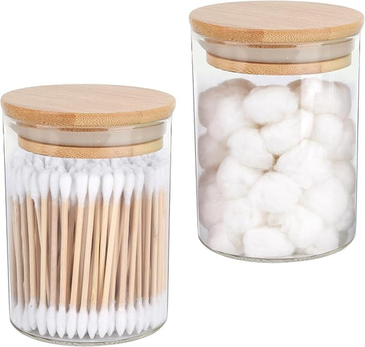 2 Pack Glass Qtip Holder Dispenser Set - Apothecary Jars with Lids for Vanity Makeup Organizer - Bathroom Canister Storage Organizer for Cotton Ball, Swab, Round Pads,Floss