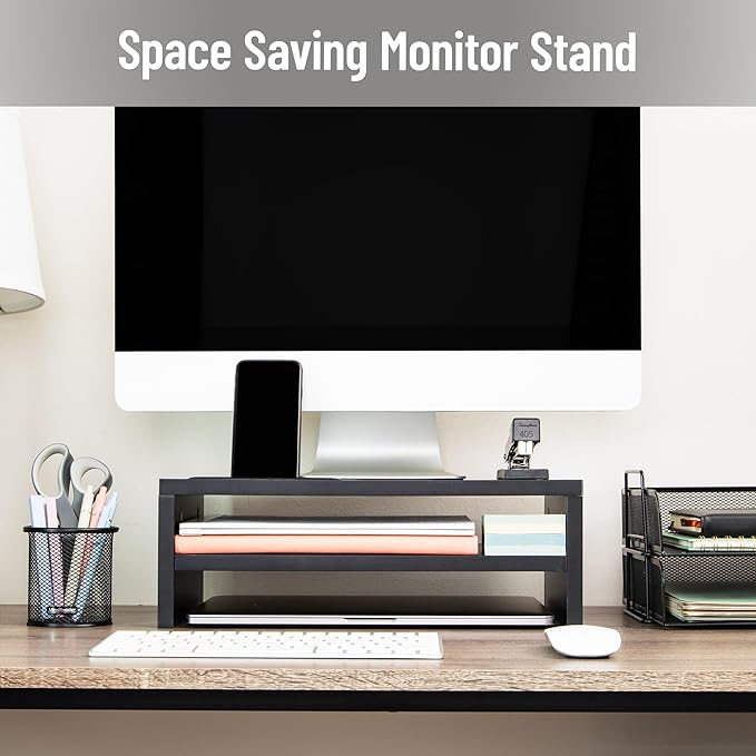 Mind Reader Monitor Stand with Phone Slot and Storage Shelf, Desktop Riser, 88 lb Capacity, MDF Wood, Black