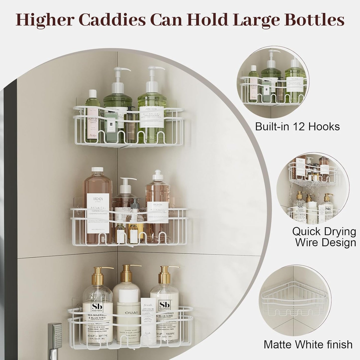 white corner shower caddy with depth caddy and Built in 12 hooks rustproof wall mounted shower shelf 3 pack shower storage for bathroom kitchen room and laudry room.