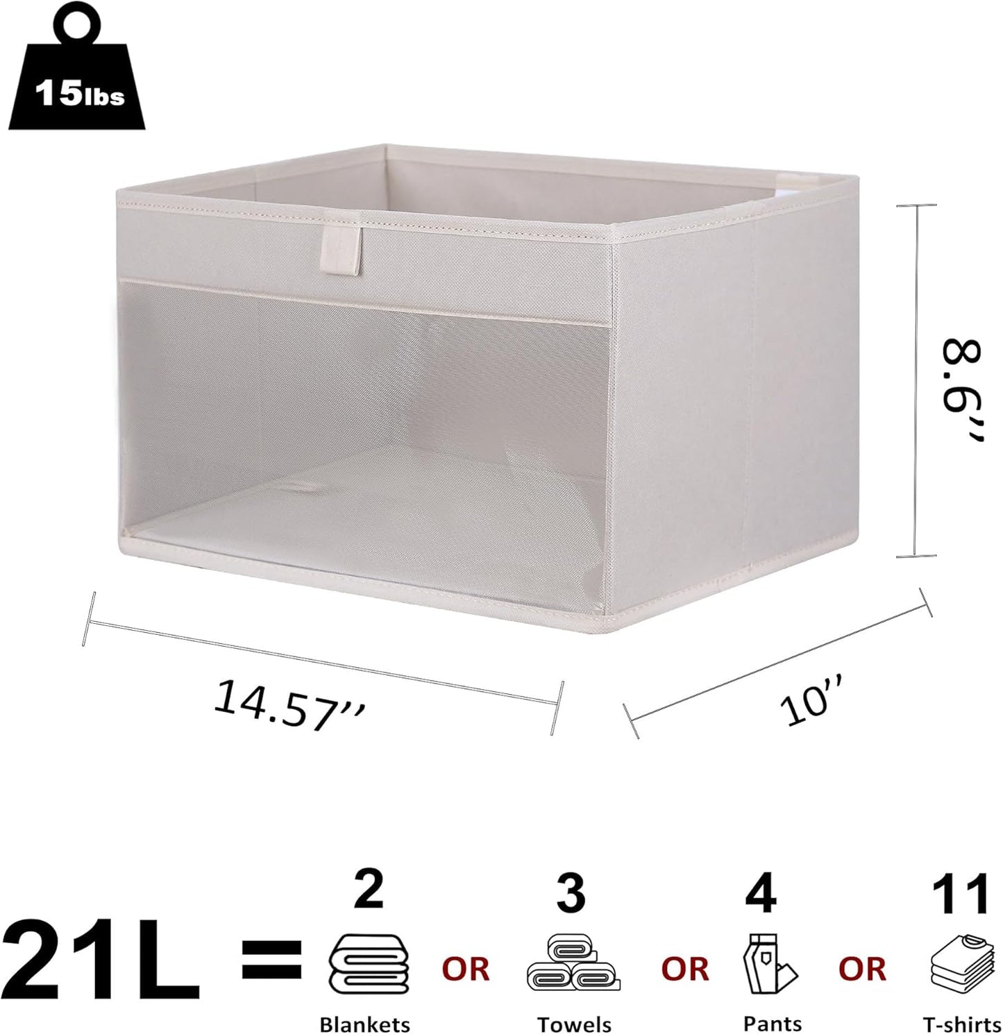 WUIKE Closet Storage Bins, Fabric Organizer Baskets with Clear Window and Handles, Foldable Storage for Shelves, Beige, Large, 3-Pack