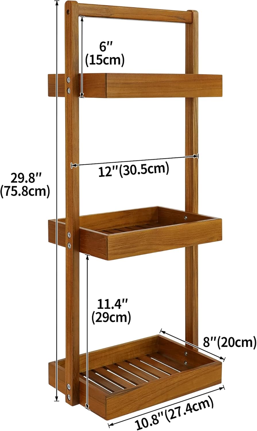 Utoplike Teak Shower Caddy Corner, 3 Tier Standing Shower Organizer Shelf with Handle, Wood Bathroom Stand Up Caddy Basket for Shampoo, Rack for Inside Shower, Bath, Office, Kitchen Desktop