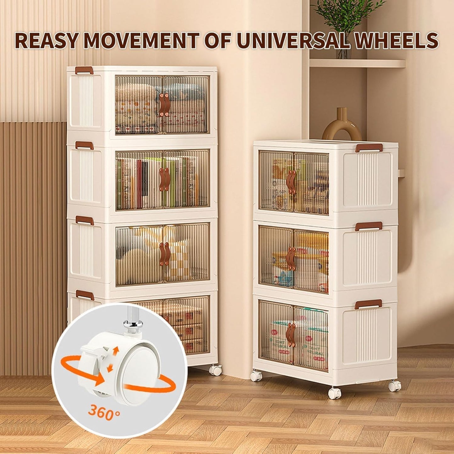 3-Tier Stackable Storage Bins with Lids & Open Front Design, Foldable Storage Bins with Wheels for Home Organization, Collapsible Space Saving Multi-Layer Storage Organizer, 35QT