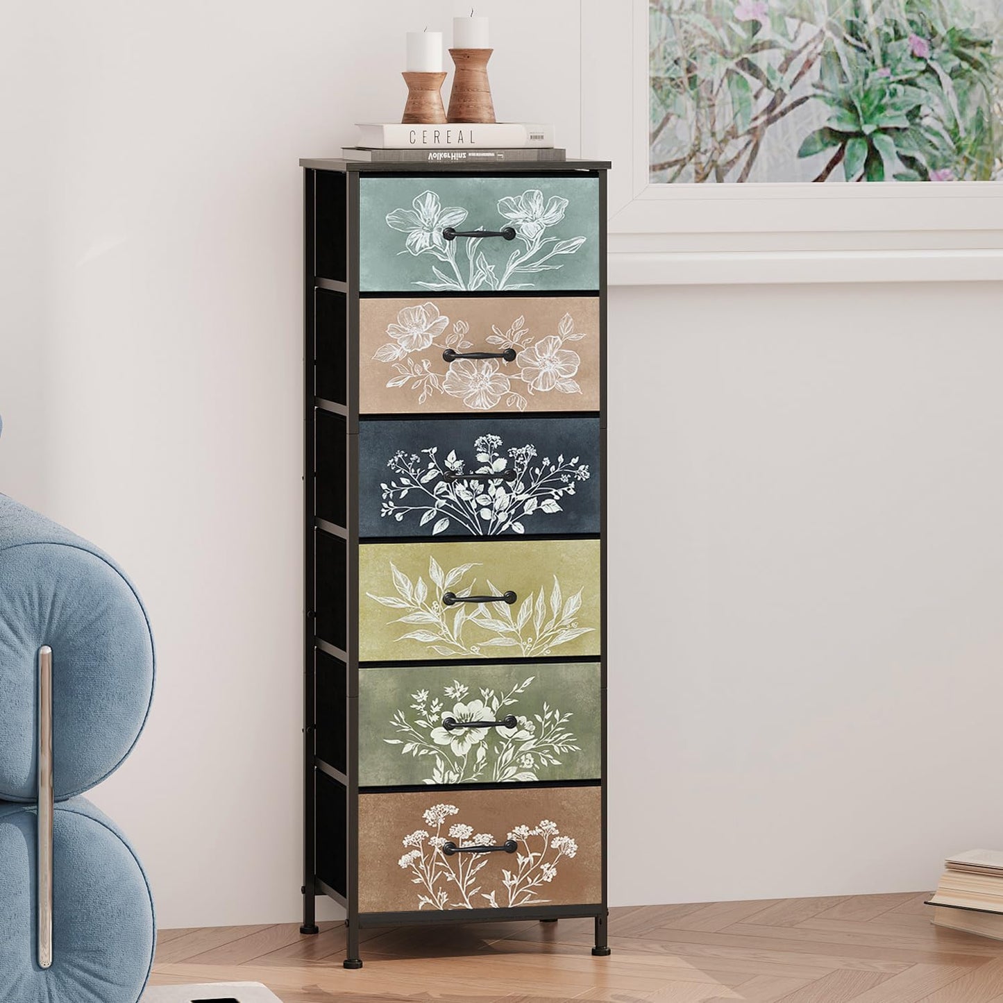 Tohomeor Vintage Dresser Vertical Nightstand with Neutral Botanical Plant Fabric Chest Drawers for Closet Bathroom Storage Tower Unit Bed Side Organizer Farmhouse Rustic (Multi, 6 Drawers)