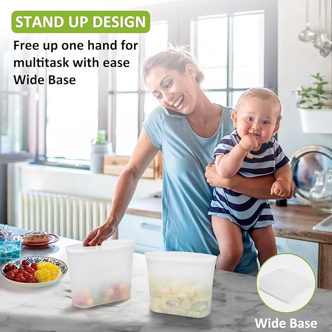 Reusable Food Storage Bags Half-Gallon, 4 Pack 100% Silicone Food Storage Bags Stand-Up Wide-Mouth Zip-Lock for Large Items, 67 fl.oz/2000 ml, Freezer Microwave Oven Dishwasher Safe, Translucent