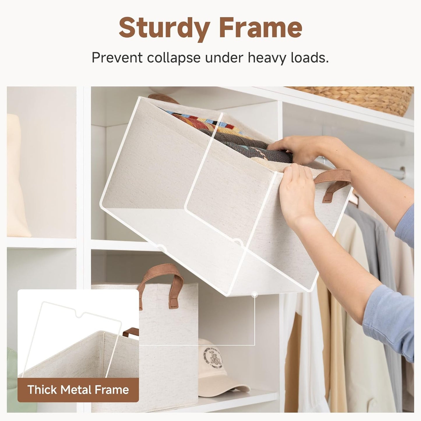 StorageWorks Storage Bins, Shelves Baskets for Organizing, Large Fabric Closet Organizers with Handles, Metal Frame, Beige（Cotton-linen）, 2-Pack