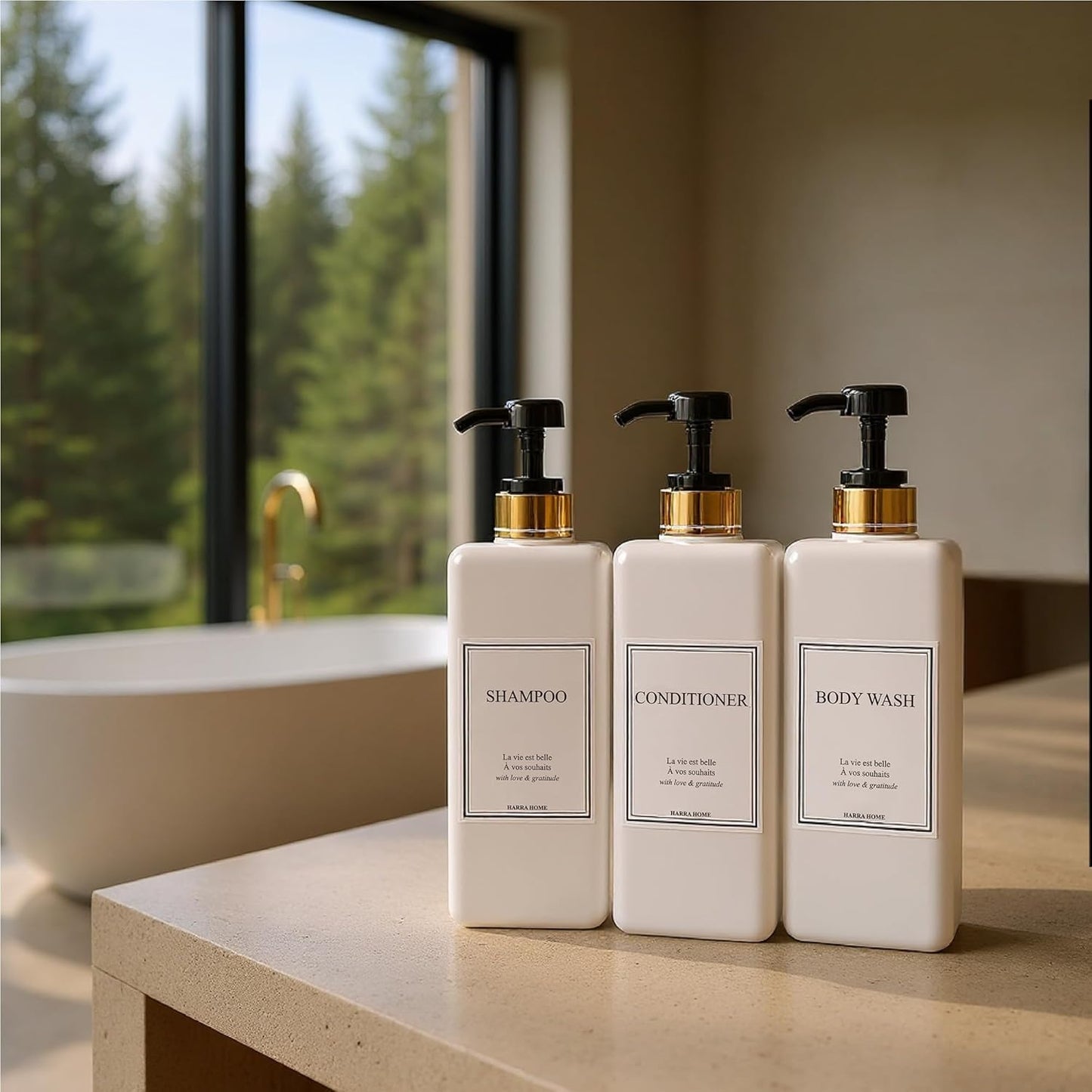 Modern Gold Design Large 27 oz Shampoo and Conditioner Dispensers - Empty Plastic Refillable Pump Bottle Set for Bathroom Shower Soap Dispenser, Gift Box Included, Set of 3 (Black)