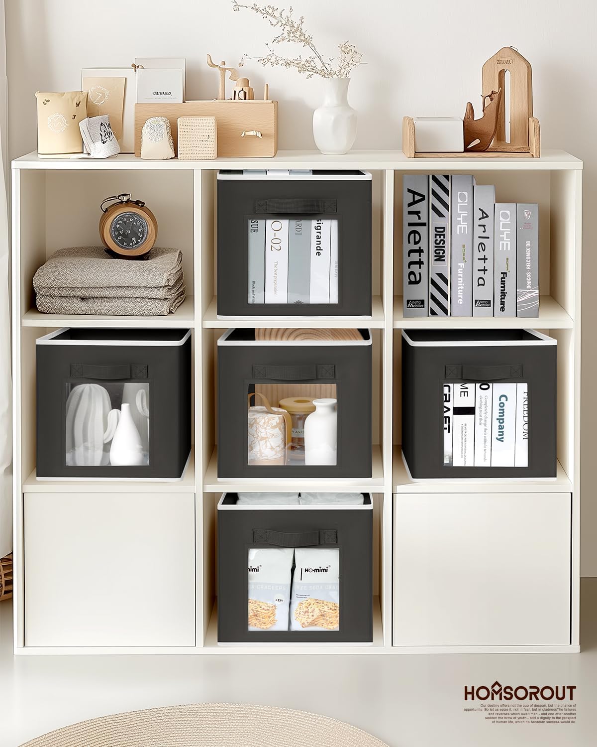 Cube Storage Bins - Fabric Shelves for Closet Organization, Foldable Storage Bins for Clothes, Decorative Storage Baskets with Window for Home, Set of 6, Black