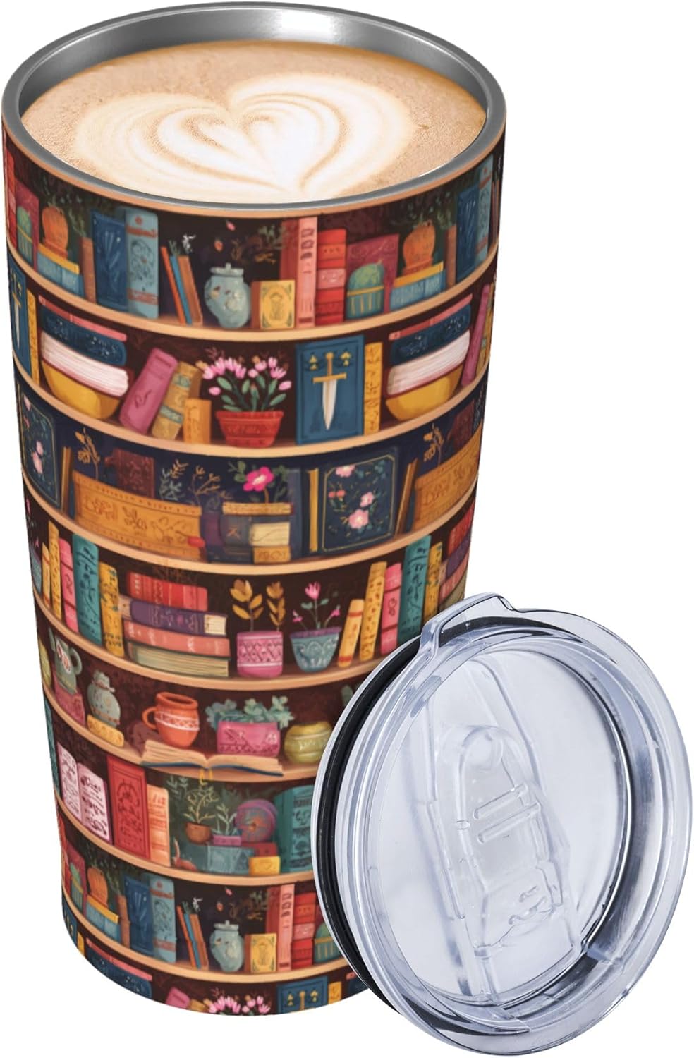 Bookshelf Tumbler with Lid and Straw 20oz Insulated Reusable Stainless Steel Travel Mug Double Wall Vacuum Coffee Cup for Hot Cold Drinks Leak-Proof Portable Cups for Women Men Gifts