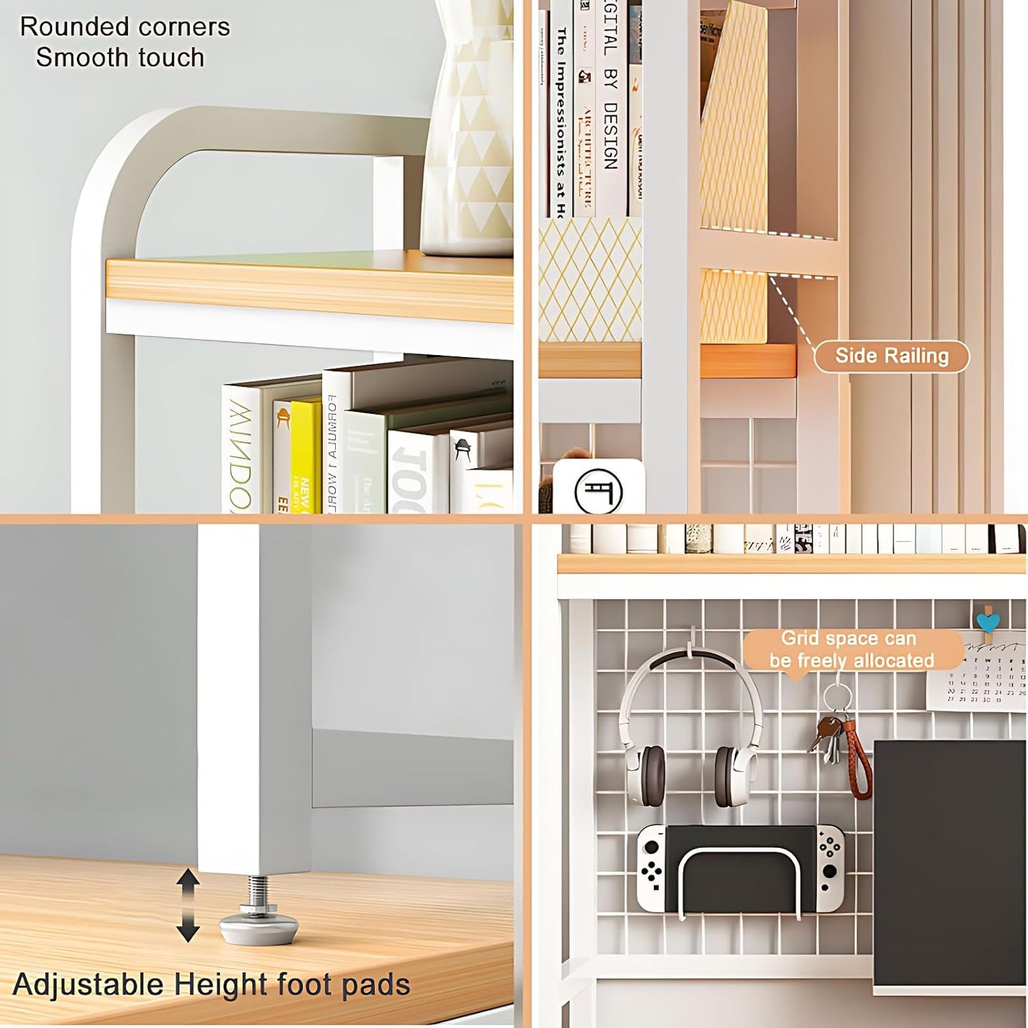 Desk Shelf Organizer with Metal Grid, 2-Tier Desktop Bookshelf, Rustic Wood & Metal Desk Hutch for Home Office and Dorm (White, 45.3" L × 7.9" W × 38.6" H)