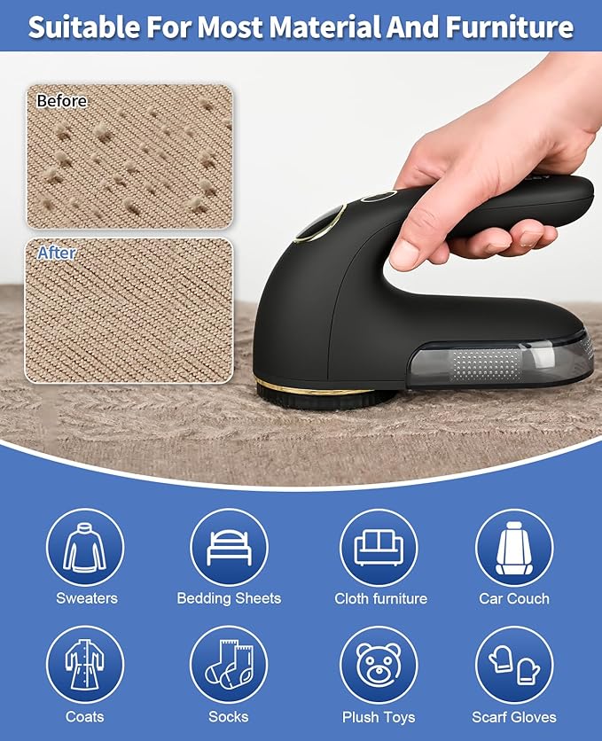 Fabric Shaver, Electric Lint Remover Rechargeable with LED Display, 6-Leaves Blades, 3-Speeds Adjustment, Sweater Shaver to Remove Fuzz, Lint, Pills for Clothes and Furniture, Black