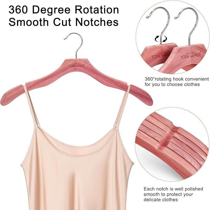 TOPIA HANGER Red Cedar Coat Hangers 24 Pack, Premium Wood Suit Sweater No Shoulder Bump Hangers, 360° Swivel Hook and Cut Notches Clothes Hangers for Sweater, Coat, Shirts, Jackets, Dress, CT85C