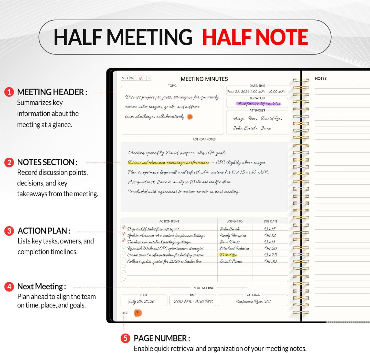 SUNEE Half Meeting Half Note 8.5"x11" Notebook for Work – 140 Pages, A4 Size Project Planner for Women&Men, Minutes Organizer for Meeting Notes, Ideas for Office/Business, PVC Waterproof Cover, Black