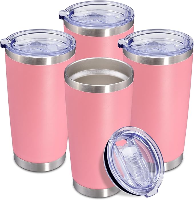 20 oz Tumbler Coffee Travel Tumblers Bulk with Lid Stainless Steel Double Wall Vacuum Insulated Mug Powder Coated Cups fit Car Cupholder for Hot and Cold - Pink, 4Pack