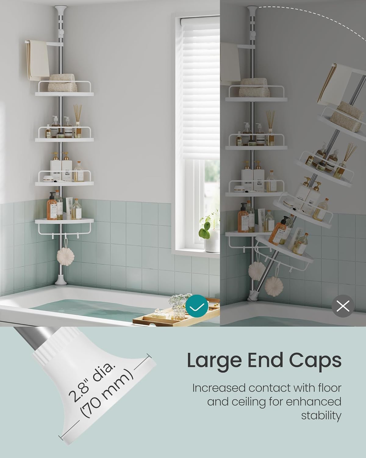 SONGMICS Corner Shower Caddy Tension Pole, 4-Tier Rust-Resistant Shower Organizer, Shower Shelf, Drill-Free, 35.8 to 118.1 Inches, Height Adjustable Trays, for Bathroom, Cloud White UBCB008W01