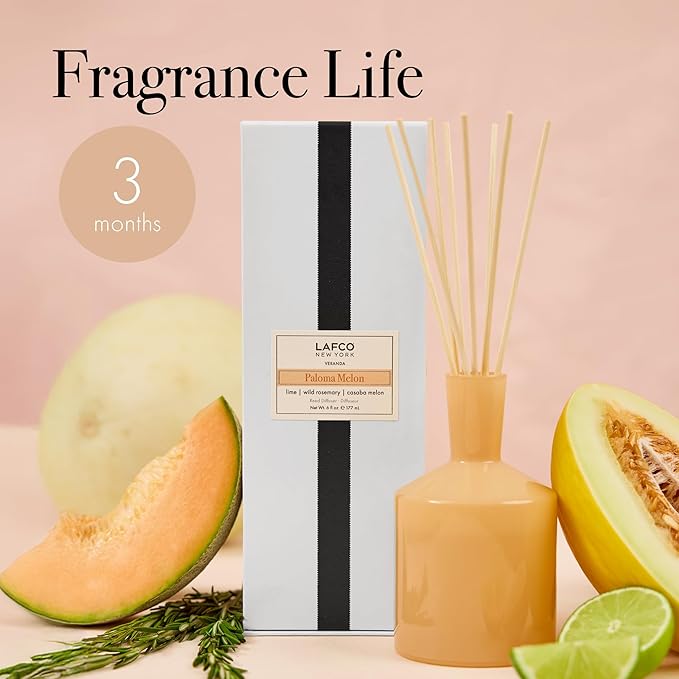 LAFCO New York Classic Reed Diffuser, Paloma Melon - 6 oz - Up to 3 Months Fragrance Life - Reusable Glass Vessel - Natural Wood Reeds - Made in The USA