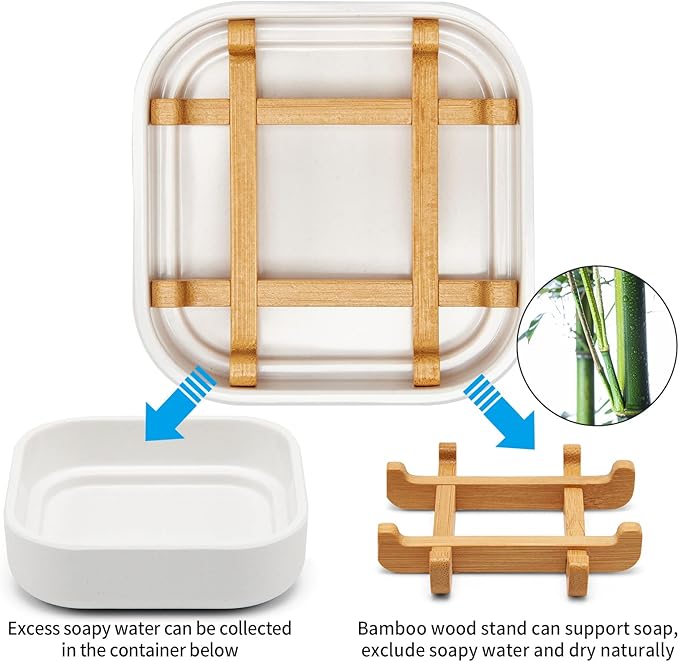 Bamboo Soap Dishes for Bar Soap Holders for Shower for Bathroom Sink Bulk Small Wooden Soap Tray Jabonera Pretty Neat Ventilated Soap Dish Disj Disk, Detachable (Single Rounded White)