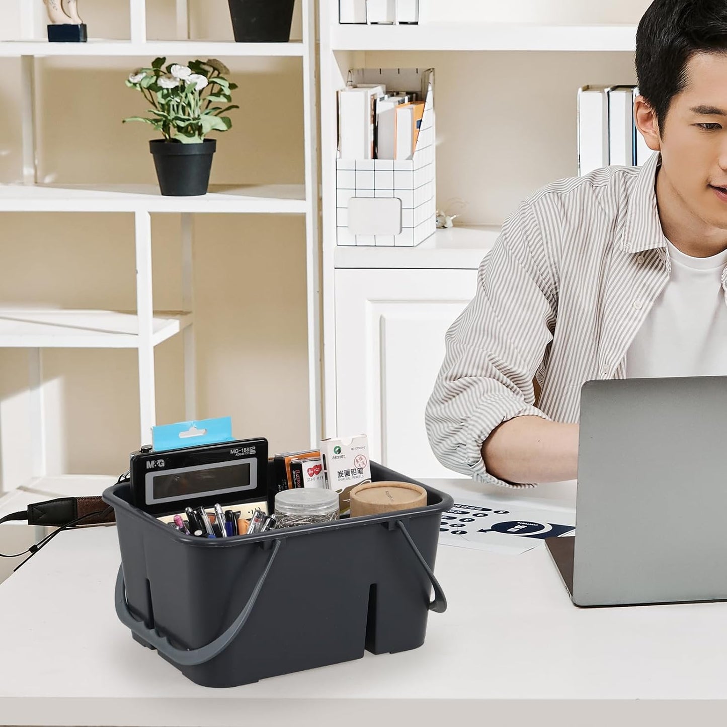 Plastic Cleaning Supply Caddy with Handles, Multi Compartment Storage Caddy Basket, Grey