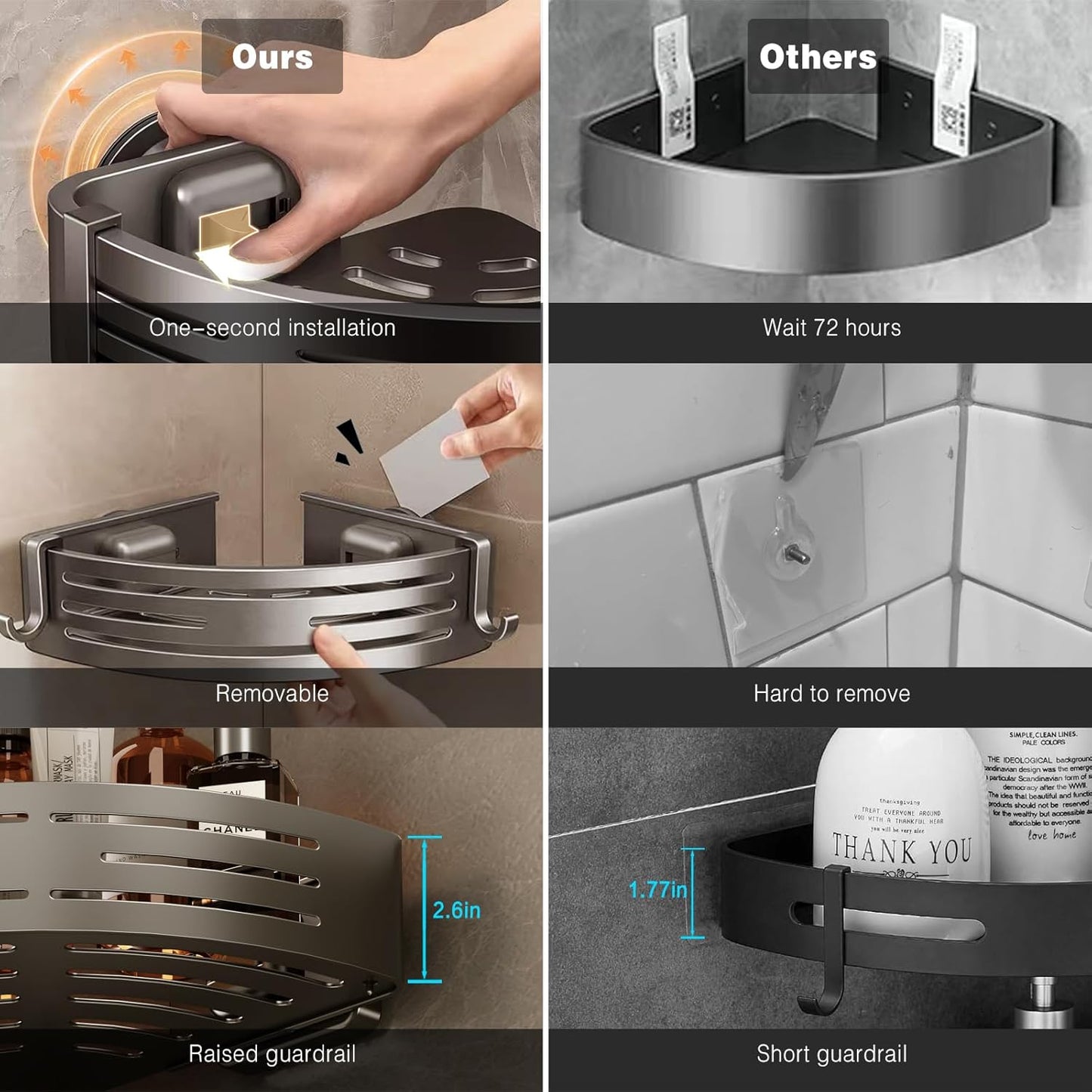 Voldra Corner Shower Caddy Suction Cup, 2 Pack Corner Shower Shelves No Drilling, Aluminum Upgrade Suction Cup Shower Organizer with Towel Bar & Hooks Removable Bathroom Storage Rack(Gray)