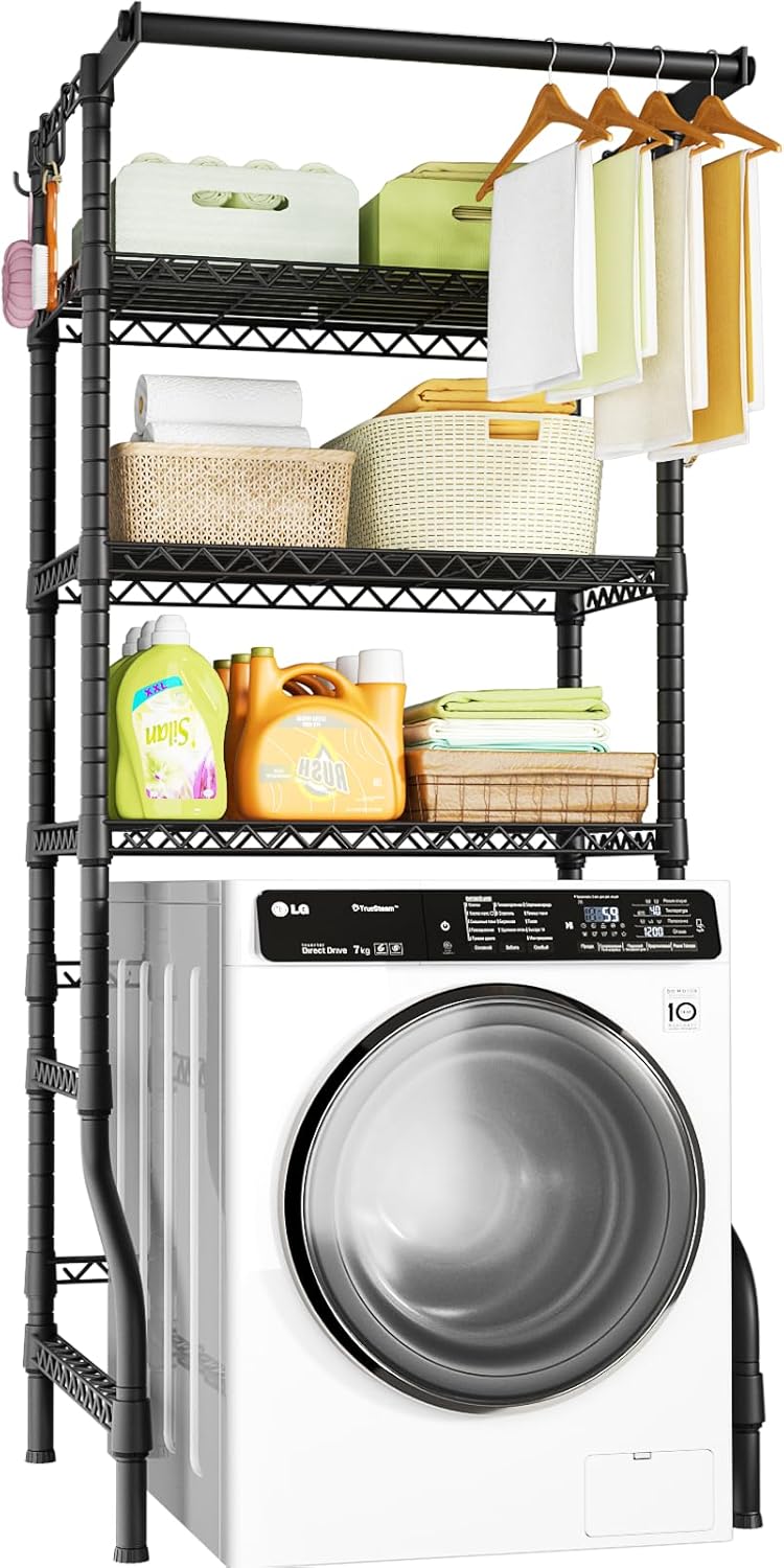 Ulif U11 Medium Over Washer and Dryer Shelves, 3 Tiers Laundry Room Storage and Organizer Standing Shelf, Metal Freestanding Clothes Drying Rack, 31.1”W x 19.7”D x 77.6”H, Black