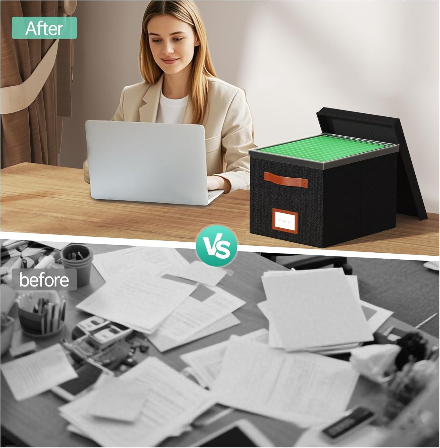 File Organizer Box with Lid File Box for Hanging Decorative File Organizer with One-Piece Integrated Plastic Slide Rail (Black, 13.2x10.1x10.1inch(2pack))