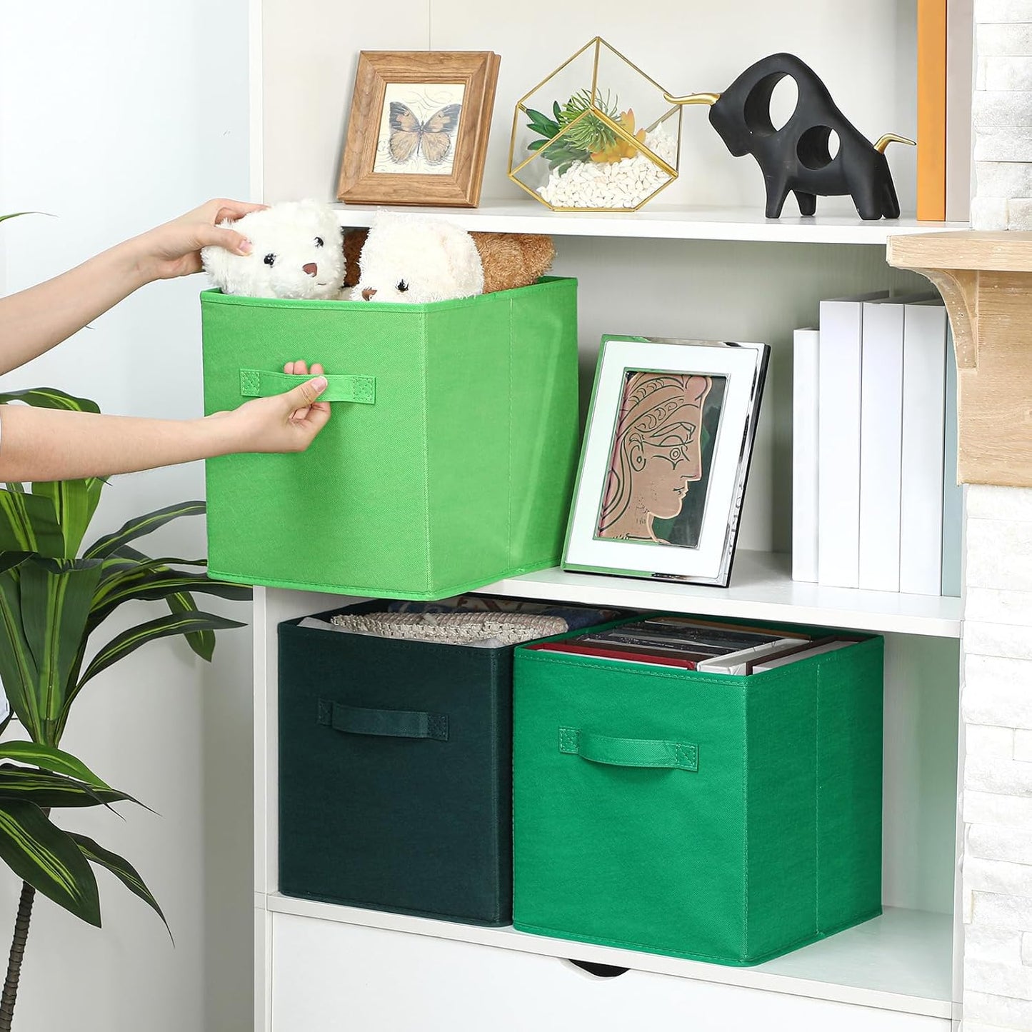 Karenhi 11" x 10. 5" x 10. 5" Green Storage Cube, 6 Pack Fabric Cube Storage Bins Organizer Box, Collapsible Baskets with Handles Foldable Shelf for Cloth Toys Home Room Closet, Pack of 6
