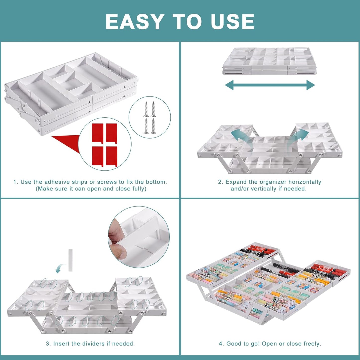 Aobiono Multi Level Smart Drawer Organizer, Multi Tier Expandable Storage Collapsible Foldable Trays for Jewelry, Cosmetics, Makeup, Tools, Battery (White, Double Row - 2 Levels)