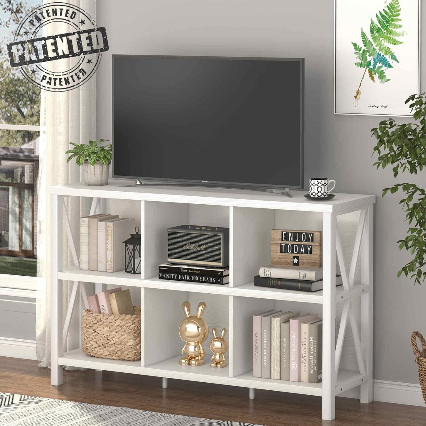 FATORRI 6 Cube Storage Organizer with Shelf, Long Wood and Metal Cubby Bookcase, Industrial Horizontal Bookshelf (White Oak, 47 Inch)