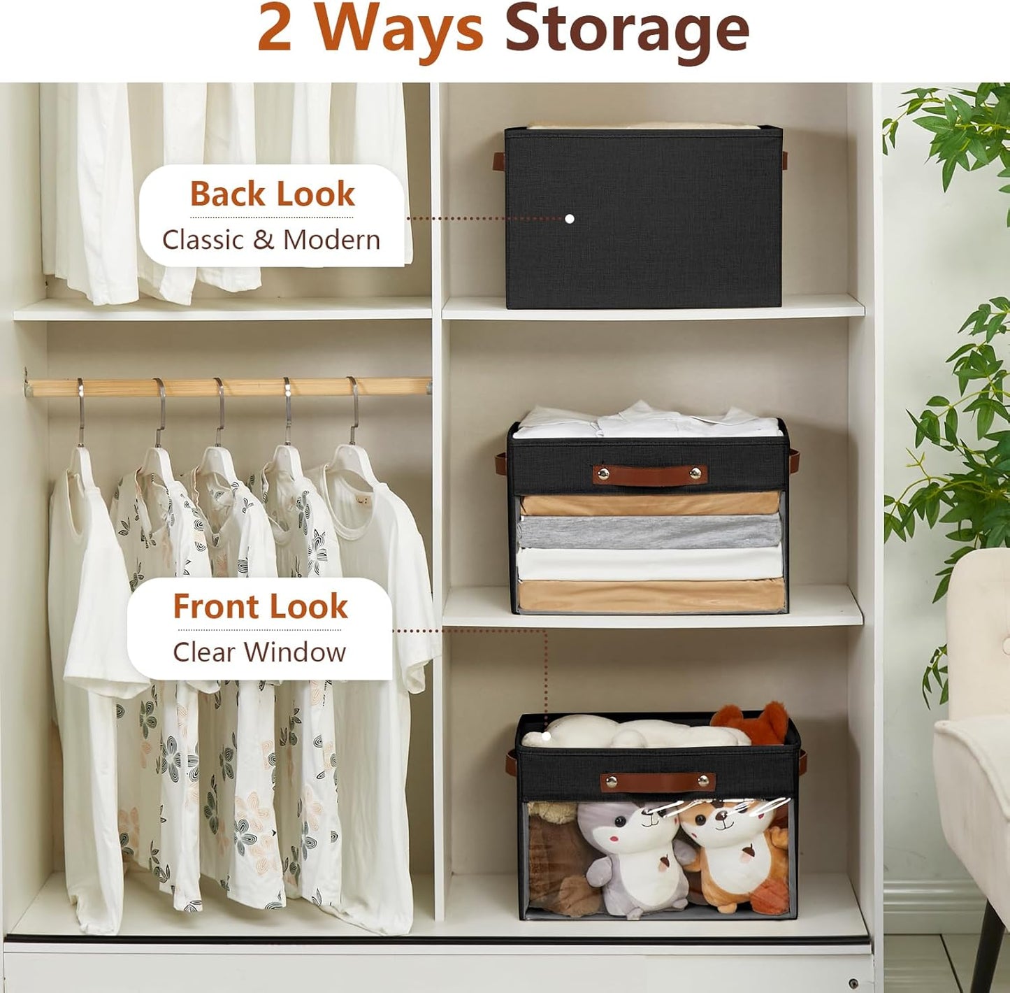 Large Storage Baskets with Clear Window, See Through Closet Organizer with PU Handles, Linen Foldable Storage Bins for Organizing Clothes, Toys, Books (Black)