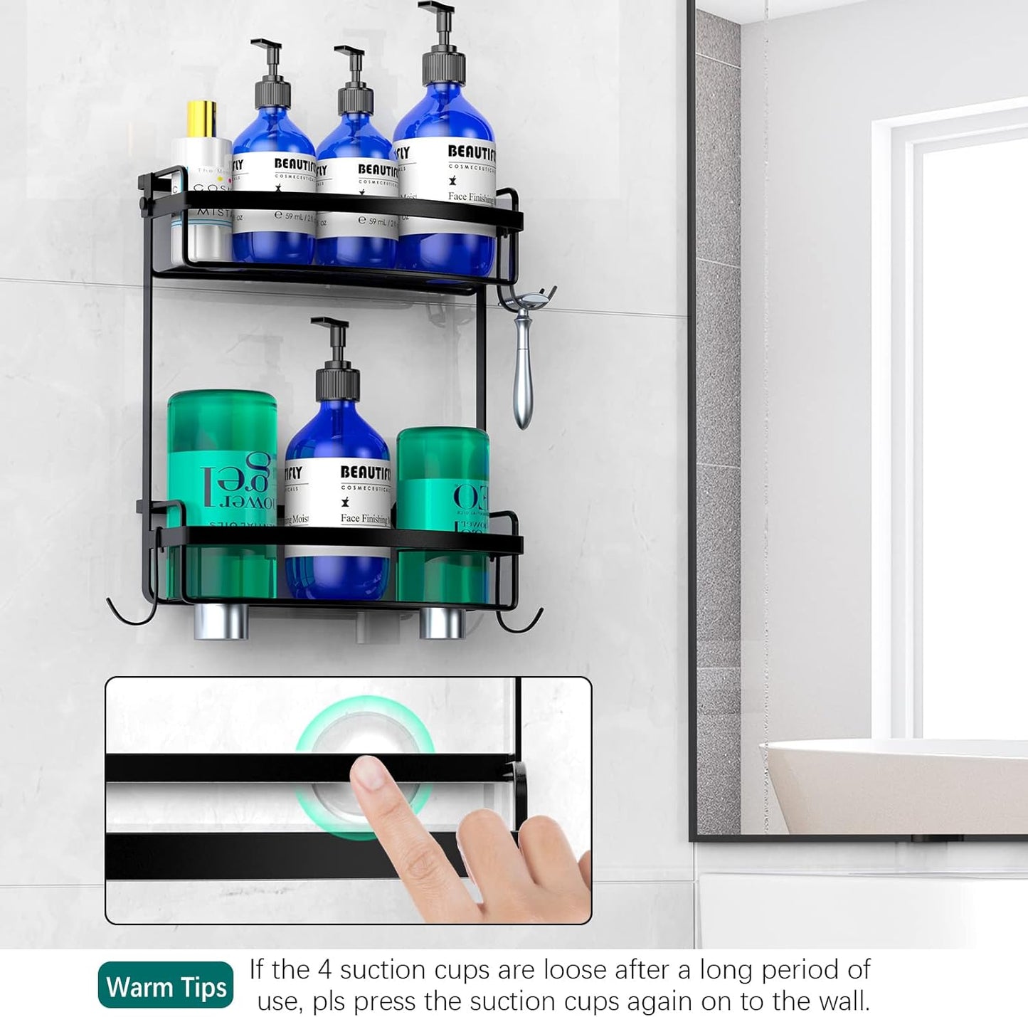 Meangood Shower Caddy Over Shower Head, Black Anti-Swing Hanging Shower Caddy with 4 Remove Hooks for Razor, Sponge, Towels Rustproof Shower Organizer for Bathroom