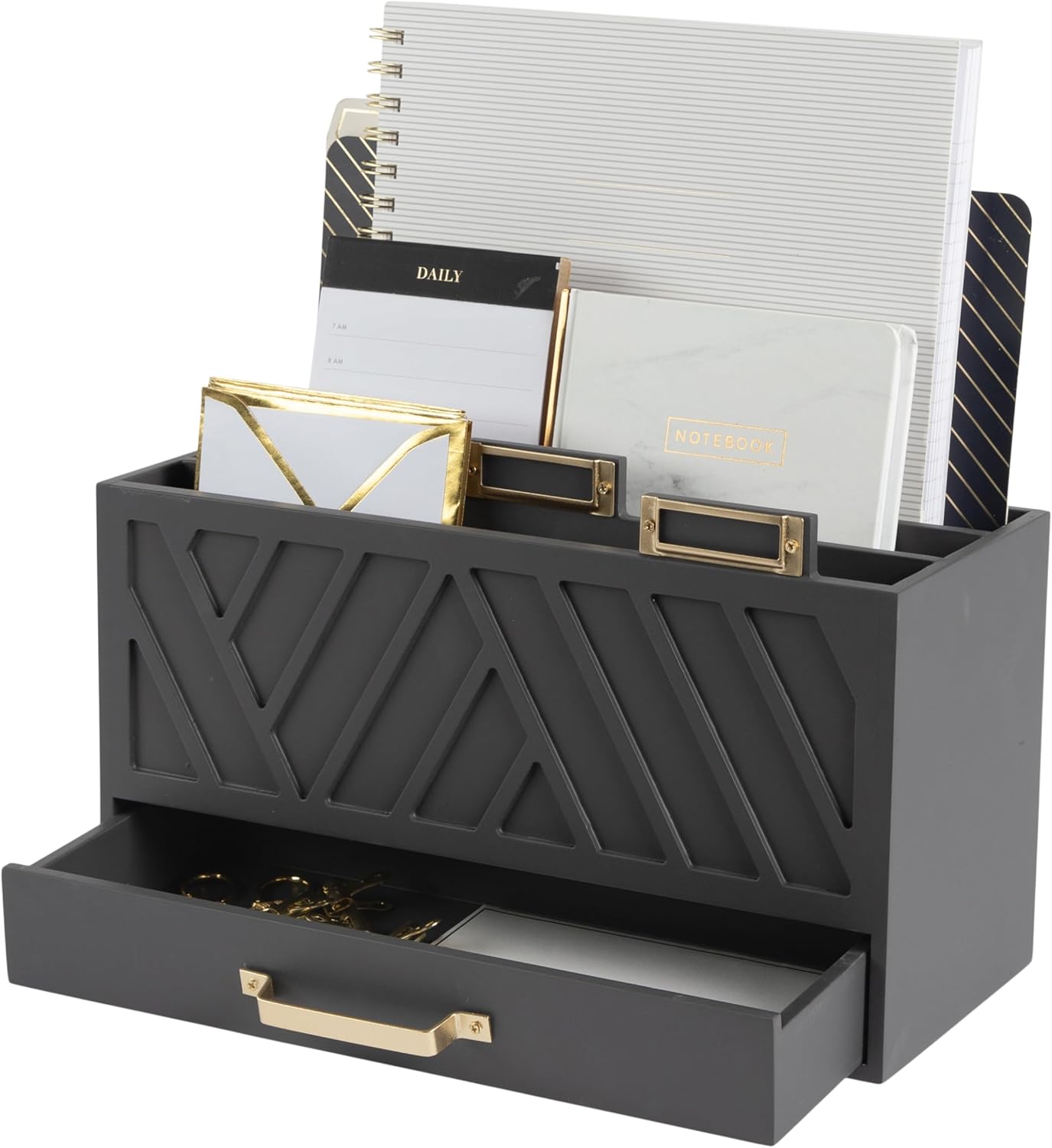 BLU MONACO Grey Desktop Mail Organizer – Three-Tiered with Gold Label Holders and Drawer – Stylish Mail Holder and Countertop Document Storage for Home or Office