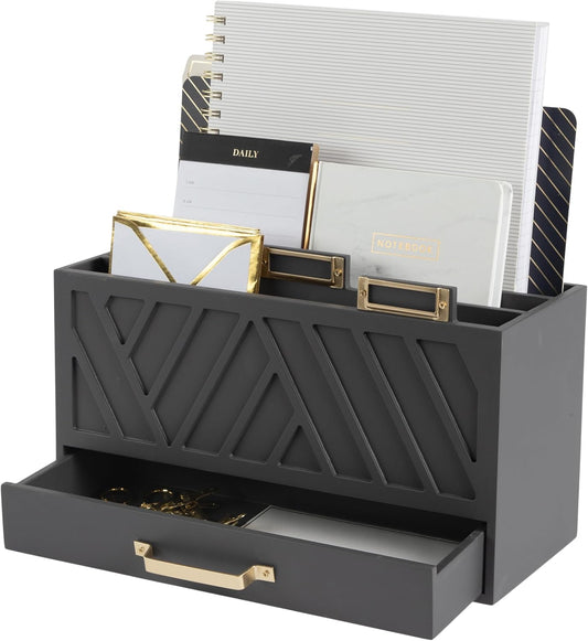 BLU MONACO Grey Desktop Mail Organizer – Three-Tiered with Gold Label Holders and Drawer – Stylish Mail Holder and Countertop Document Storage for Home or Office