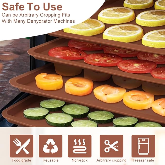SFV 6 Pack Silicone Dehydrator Trays, 14" x 14" Flexible & Durable Dehydrator Sheets for Excalibur, Non-Stick, Reusable Dehydrators Mats Tray Dryer for Eggs, Fruit Leather, Meat, Herbs, Brown