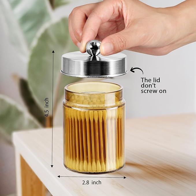 Amolliar Amber Yellow Glass Apothecary Jar with Metal Lid & Cute Labels, Qtip Holder Dispenser Canister for Cotton Balls, Cotton Swabs, Makeup Pads, Countertop Bathroom Storage,1 Pack(Brushed Nickel)