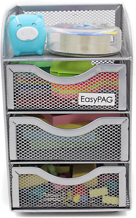EasyPAG Mesh Desk Organizer with 3 Drawer Office Desktop Organizers and Accessories Stationery Caddy for Office, Home, Students, Silver