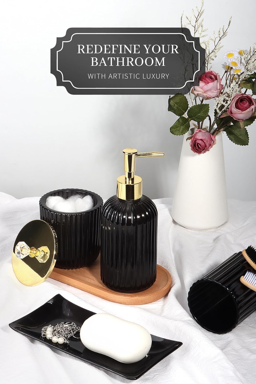 Designer Black Glass Bathroom Accessories Sets - 4 Pcs with Lotion Soap Dispenser, Bathroom Toothbrush Holder, Vanity Tray, and Apothecary Jar, Vintage Bathroom Decor, Gift Countertop Organizer
