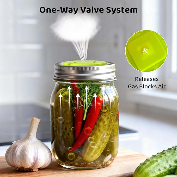 Perfect Fit: 5-Pack Fermentation Lids for Regular Mouth Mason Jars, Silicone Airlock Lids for Standard Ball & Kerr Jars, Self-Burping Valve for Pickles, Relish & Small Batch Ferments
