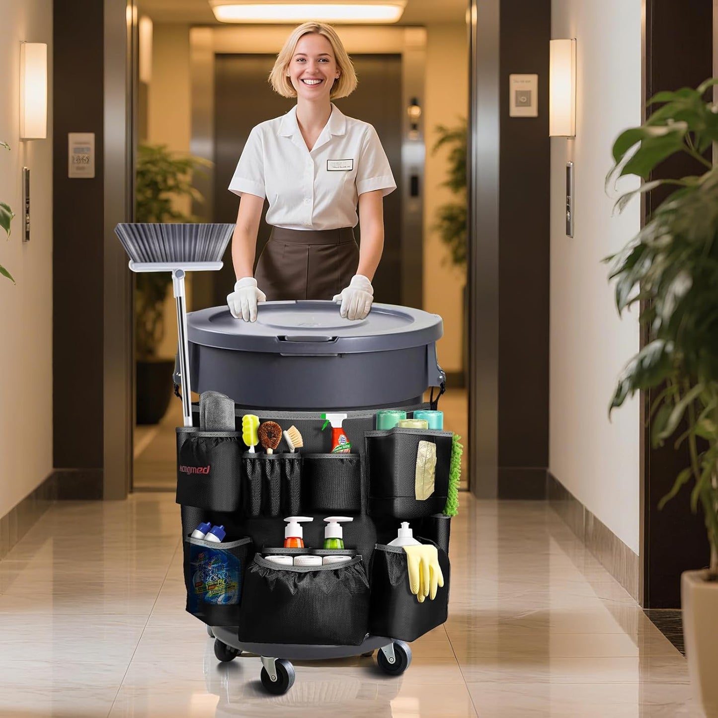 Trash Can Caddy Bag: 1680D Fabric Heavy-Duty Cleaning Caddy with Adjustable Buckle fits 32-55 gal Trash Can, Multi-Pockets Cleaning Tool Organizer for House Cleaners & Janitorial Duties