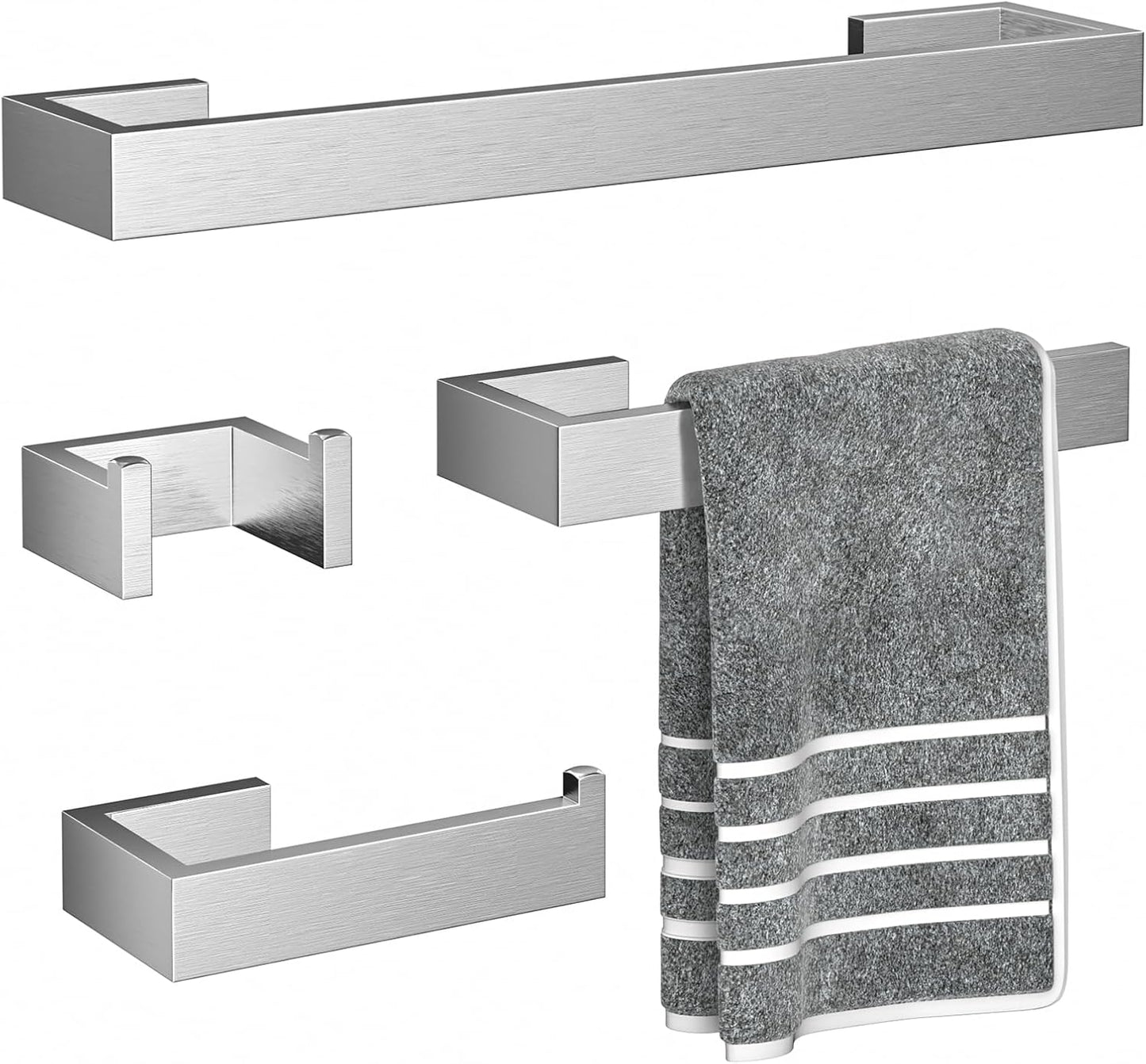 4 Pcs SUS304 Stainless Steel Bathroom Accessories Set, 24" Towel Bar, Towel Holder, Toilet Paper Holder, Robe Hook, Minimalist Design for All Styles Bathrooms (Brushed Nickel)