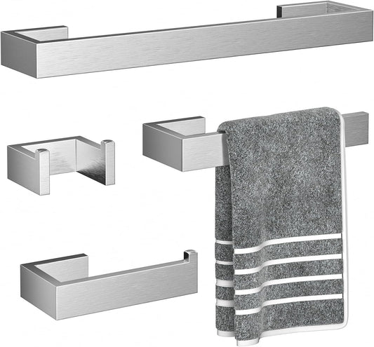 4 Pcs SUS304 Stainless Steel Bathroom Accessories Set, 24" Towel Bar, Towel Holder, Toilet Paper Holder, Robe Hook, Minimalist Design for All Styles Bathrooms (Brushed Nickel)