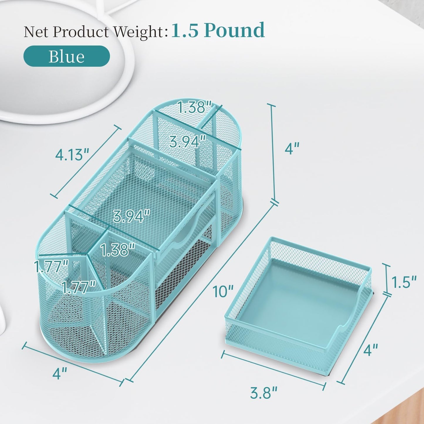 SUPEASY Mesh Desk Organizer, Desk Organizers and Accessories, Pen Holder with Drawers, Pencil Holder for Desk with 2 Drawer for Office Supplies, Blue