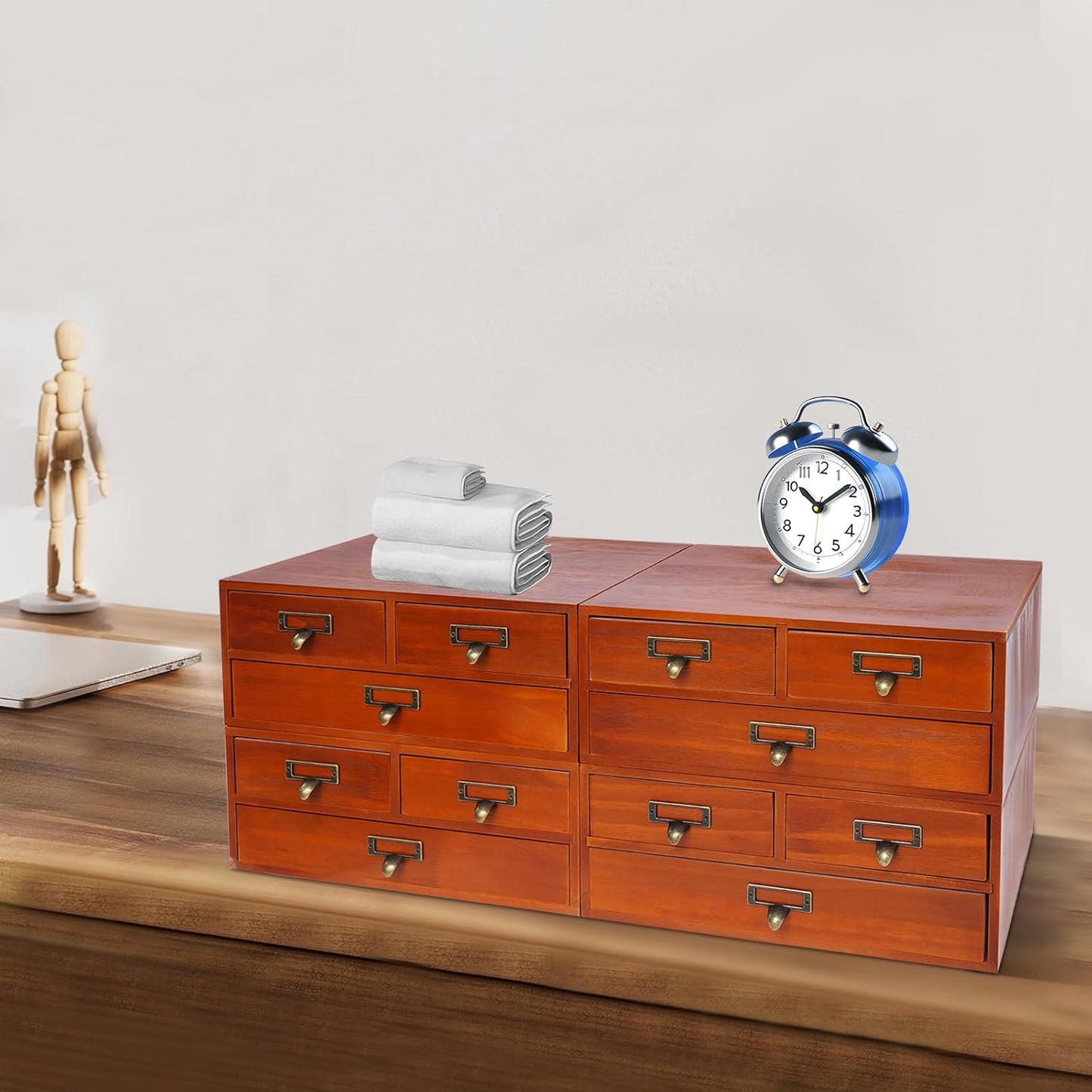 4-Piece Desktop Organizer Set with 3 Drawers, Wood & Metal Drawer Storage, Wooden Desktop Organizer for Store Cosmetics, Jewelry, Letters, Papers, Tea Bags, Sugar Packets (Brown)