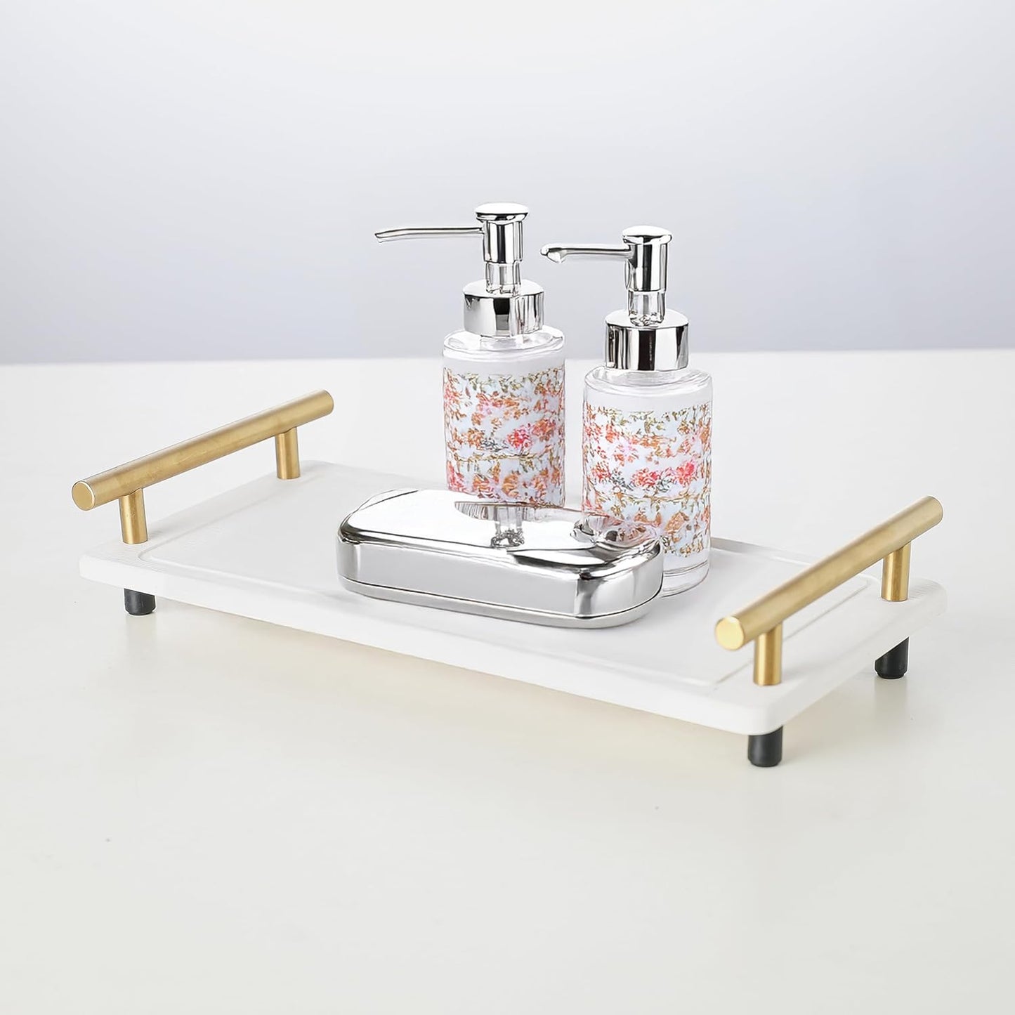 2Pcs Instant Dry Sink Tray, Water Absorbing Stone Caddy, Stone Drying Tray with Metal Handle, Kitchen Sink Organizer, Fast Drying Diatomite (White & Gold Handle, Large & Small)