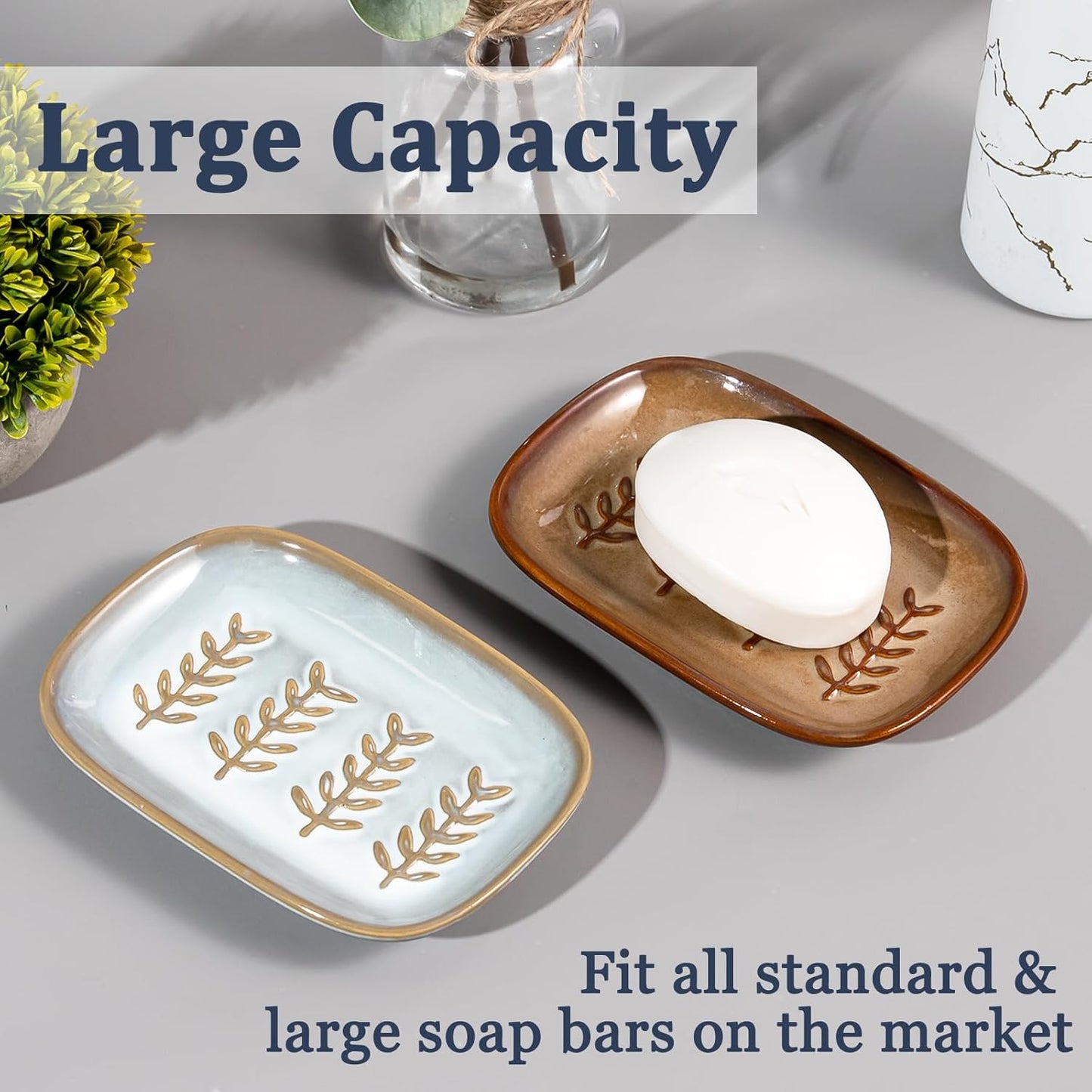 Aesthetic Ceramic Soap Dish for Shower, Soap Holder with Raised Relief, Shower Soap Dish for Shampoo Bar Or Sponge, Soap Saver for Bathroom, Kitchen, Sink, Decorative Soap Tray(Grey&White)