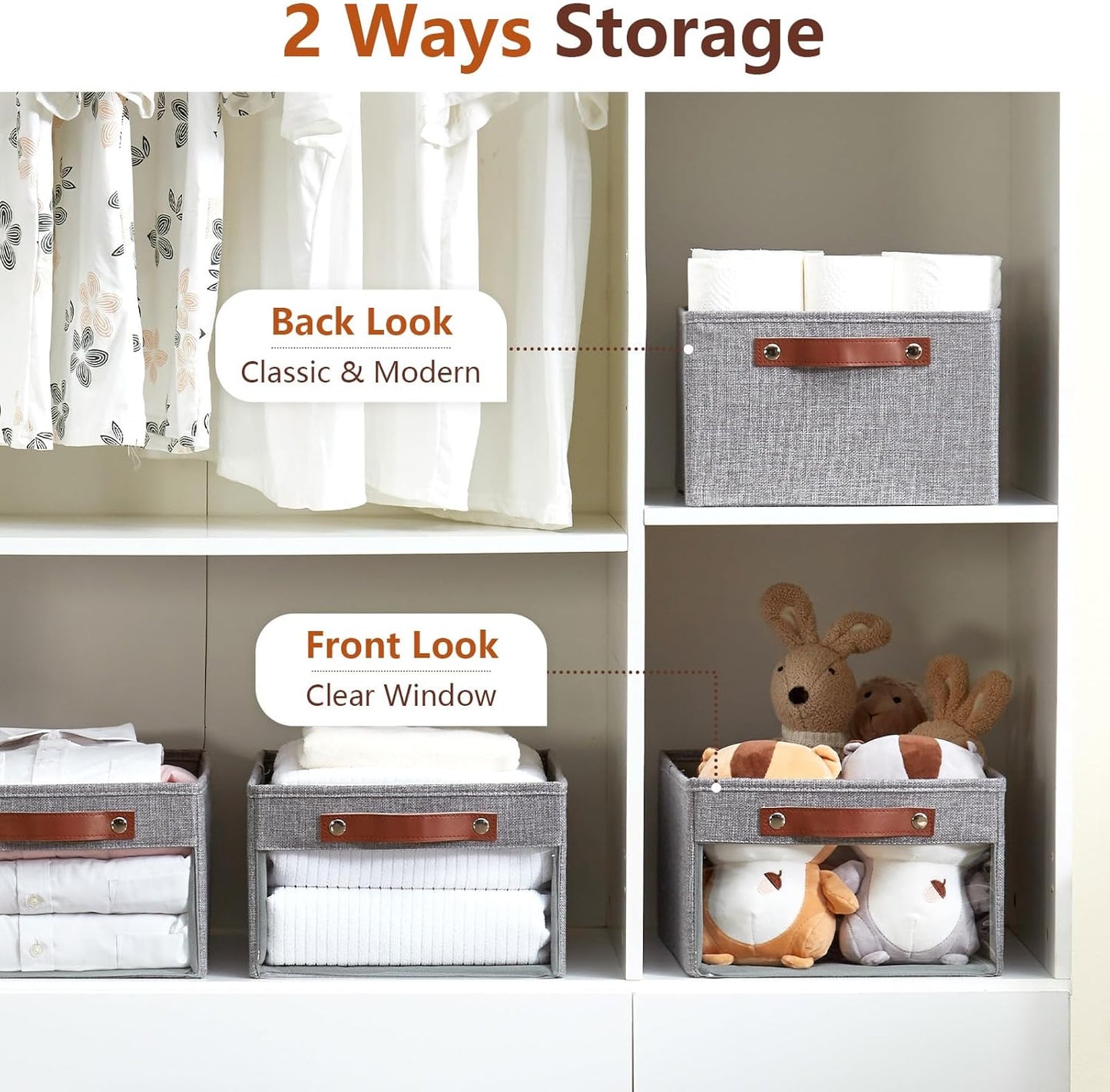 Medium Storage Baskets with Clear Window, See Through Closet Organizer with PU Handles, Linen Foldable Storage Bins for Organizing Clothes, Toys, Books (Gray)
