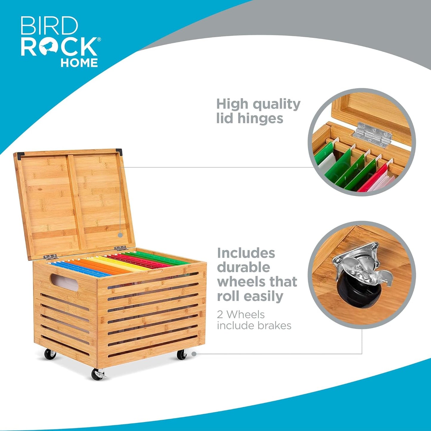 BIRDROCK HOME Rolling File Storage Organizer Box with Lid (New Version) - Bamboo Decorative Wood Hanging File Box for Letter/Legal Documents, Binders, Blankets - Durable Office Organizer - Natural