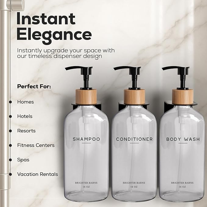 Clear Shampoo and Conditioner Dispenser Set Wall Mounted by Brighter Barns - Plastic Shower Dispenser 3 Chamber No Drill - Refillable Shampoo, Body Wash and Conditioner Bottle for Shower Wall (Clear)